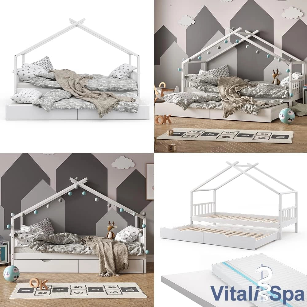 Letto montessori bambini Design, Bianco, 90x200 cm con letto per ospiti e 2 materassi, con sponda anticaduta e rete a doghe per un sonno sicuro
