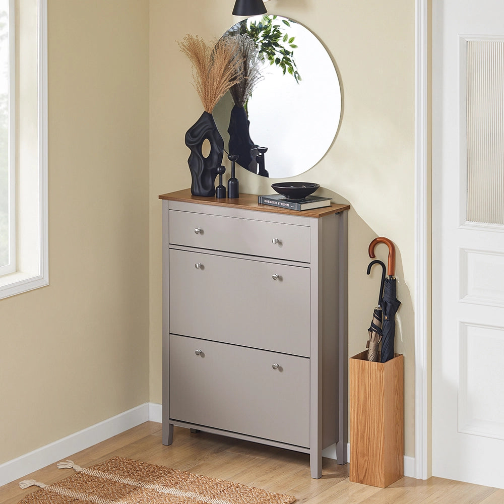 SoBuy Scarpiera Salvaspazio Slim Ingresso - Mobile Scarpiera con Cassetto e 2 Ante a Ribalta per 12 Paia - Design Nordico in Legno, Facile Montaggio, 78x24x108 cm, Marrone Chiaro, FSR89-KA