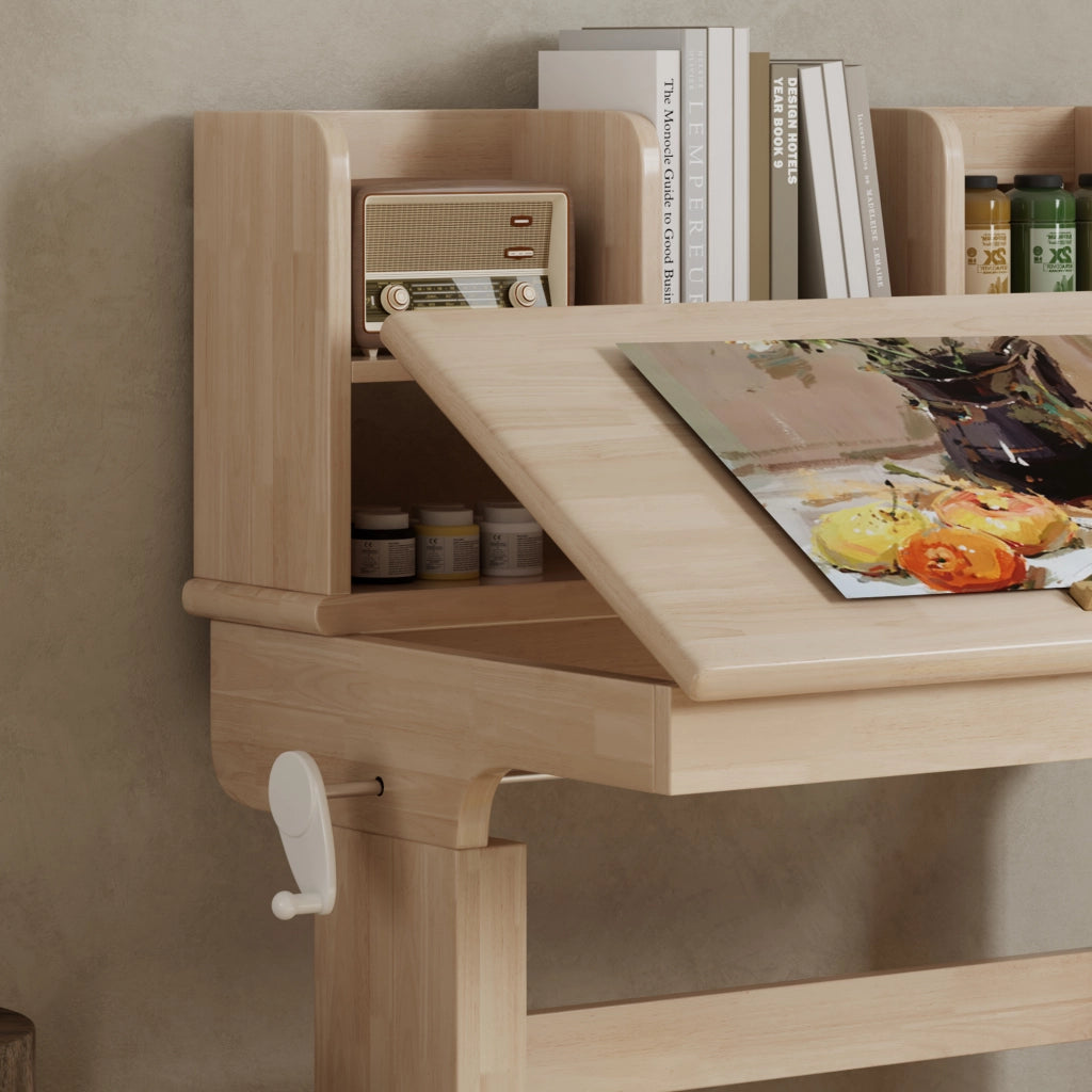 Scrivania con altezza regolabile; piano inclinabile e vani aperti - in legno - 92.2x60x89 cm - naturale