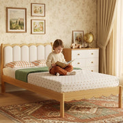 Letto per bambini 90 × 200 cm con testiera in PU, struttura in legno massiccio, senza materasso, beige naturale