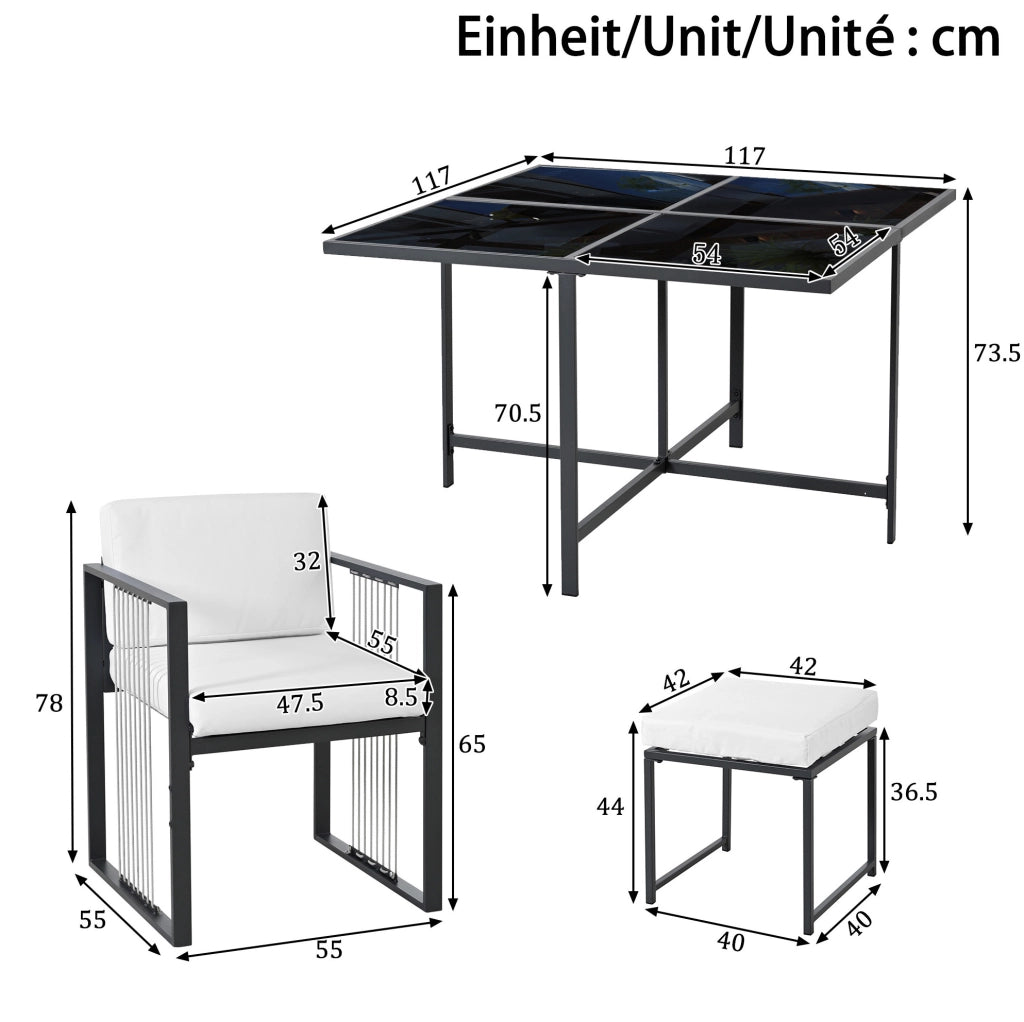 Set da pranzo da esterno 7 pezzi per 6 persone con tavolo 117x117 cm in vetro temperato; nero e bianco