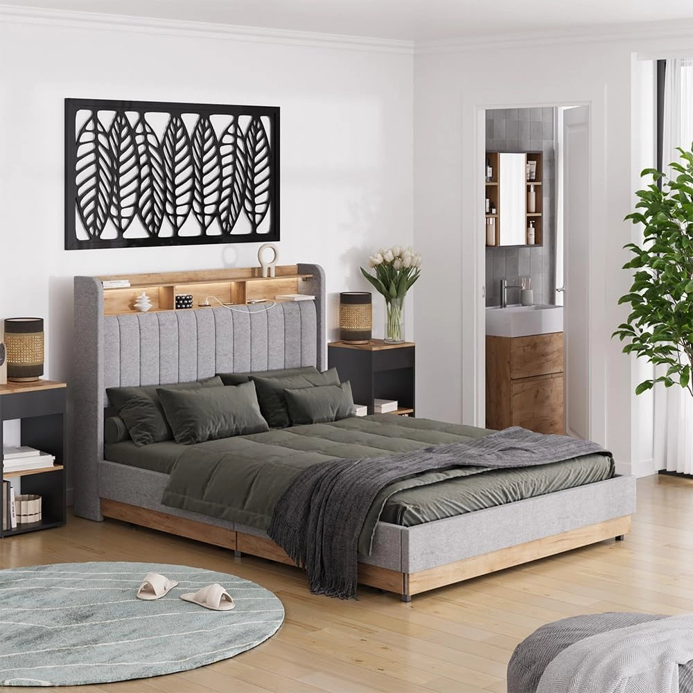 Letto imbottito Nura, Grigio, 140x200 cm con 4 cassetticon porta di ricarica USB, illuminazione a LED e telecomando