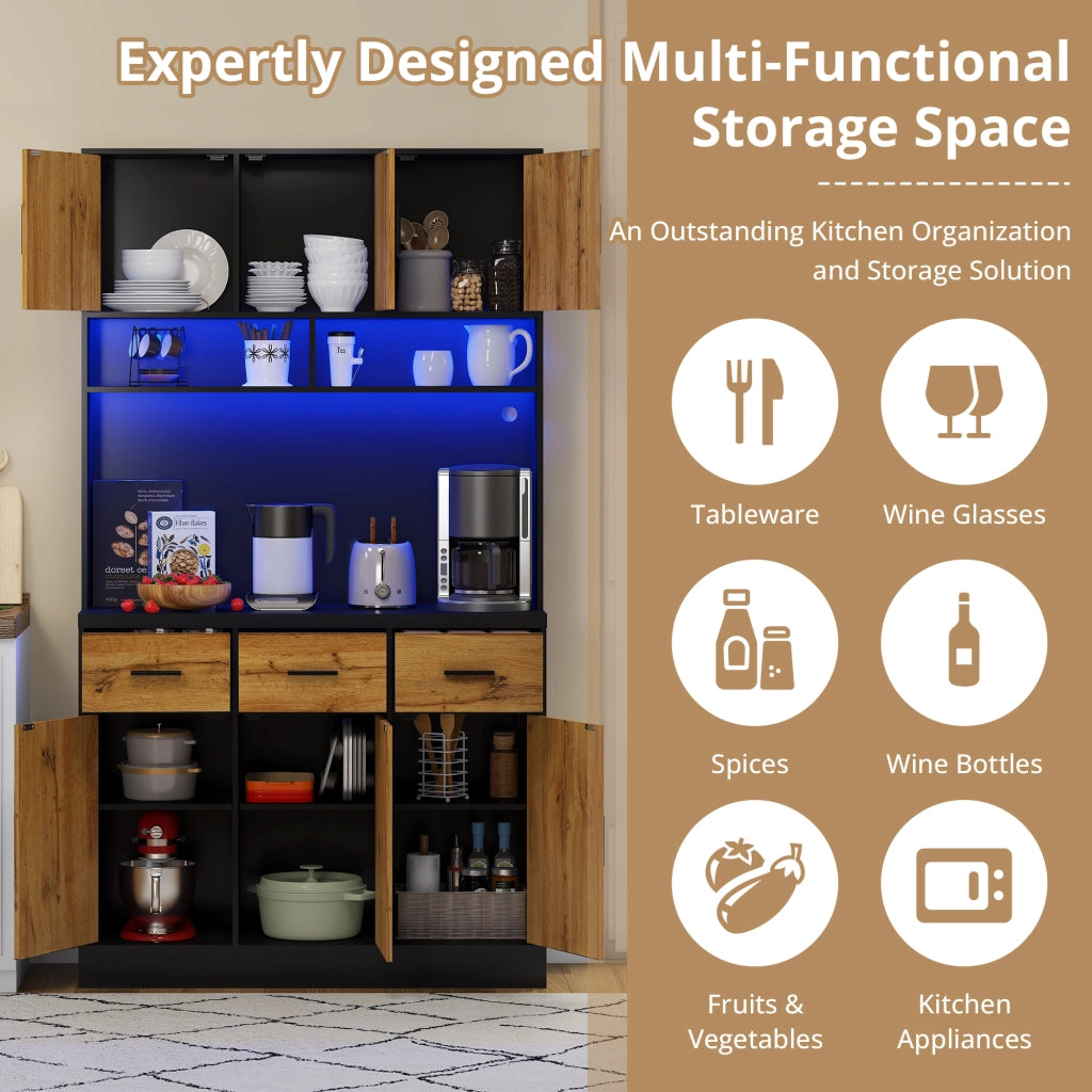 Mobile da cucina, credenza, illuminazione a LED, 3 cassetti, ripiani regolabili, presa di corrente inclusa, marrone e nero