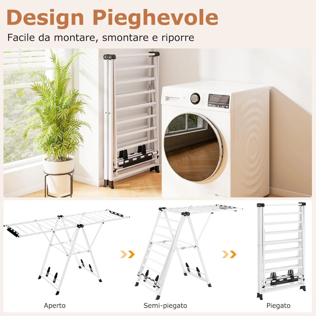 Stendibiancheria con 20 Barre, Stendino Pieghevole in Metallo Regolabili in Altezza, Clips per Calzini, Supporto per Abbigliamento Autoposante a Ali per Interno Esterno (Bianco)