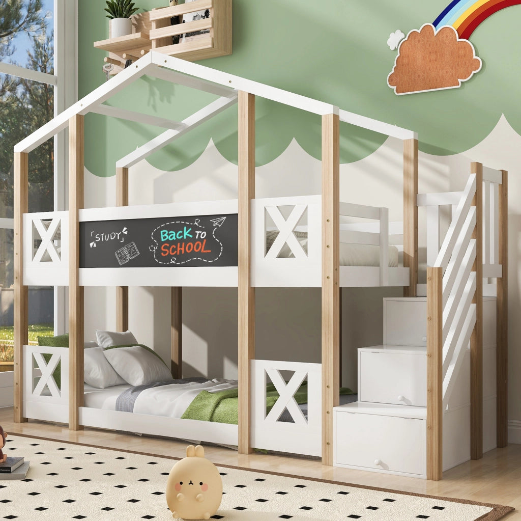 Letto a soppalco per bambini 90x200 cm in legno bianco e naturale con scala contenitore