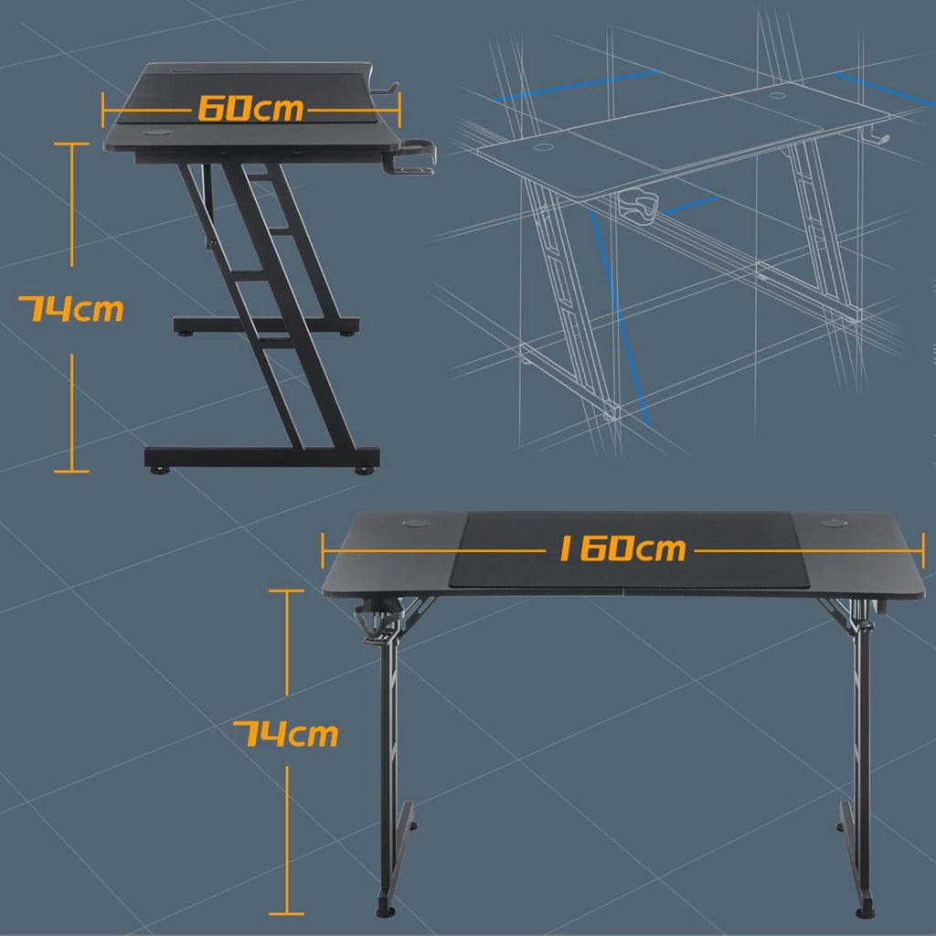 Tavolo da gioco, 160 x 60 cm, altezza regolabile, con foro e supporto per cuffie e tazze, in fibra di carbonio, ergonomico, PC