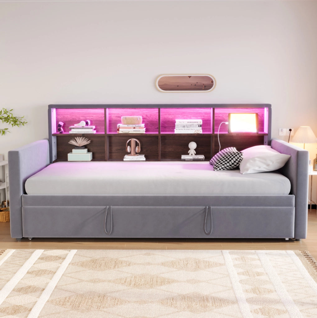 Letto imbottito estraibile 90 x 190 cm con LED e prese