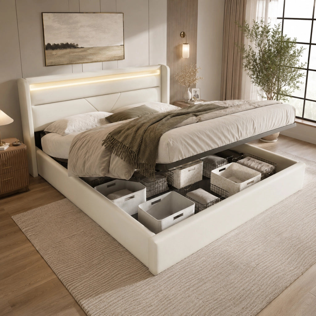 LETTO Contenitore 160x200 cm PU Bianco con LED e telecomando