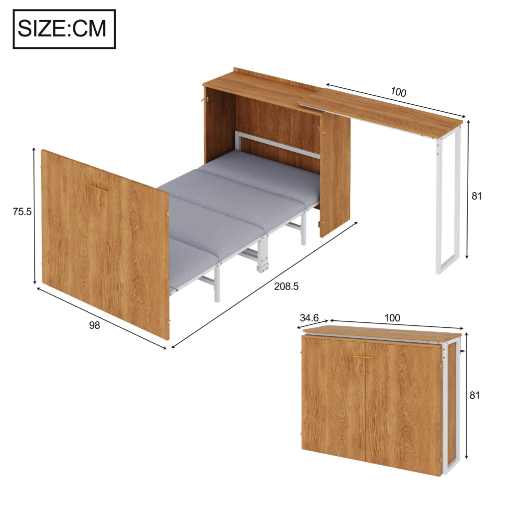 LETTO A SCOMPARSA 90x200 cm con scrittoio girevole, metallo e legno, con materasso incluso