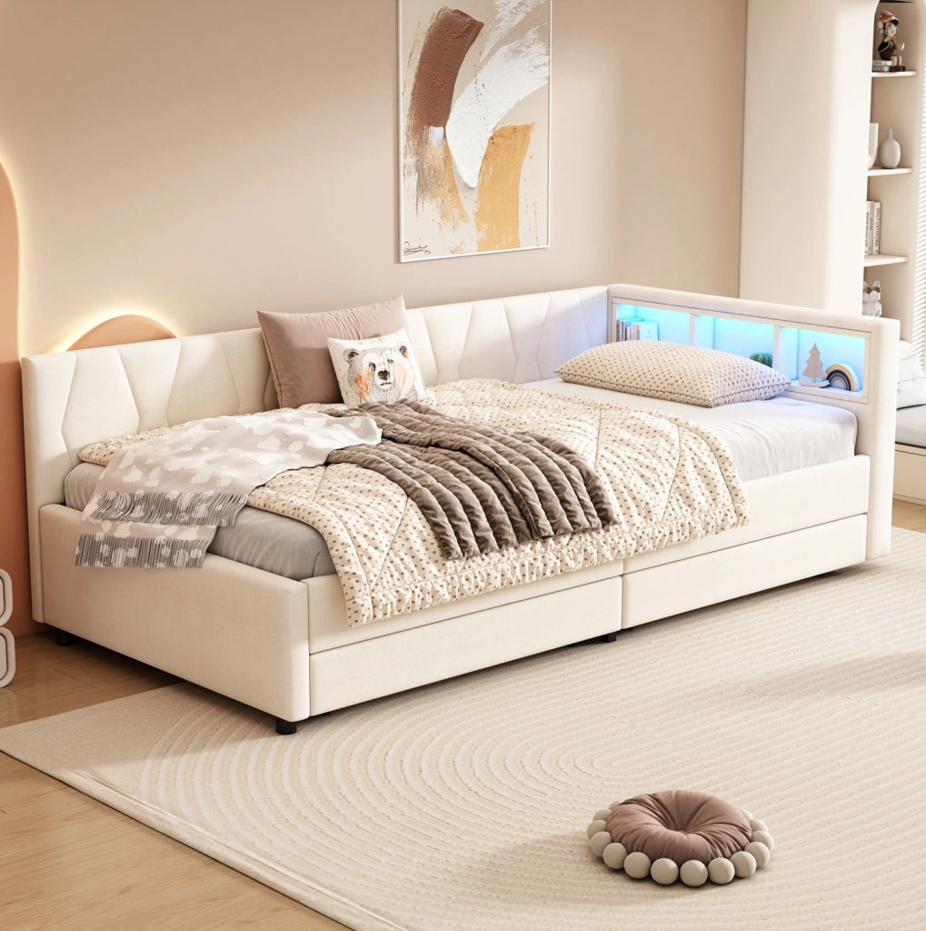 Letto singolo 90x200 cm; LED con USB e Tipo C; 2 cassetti e vani; lino e MDF beige (Senza materasso)