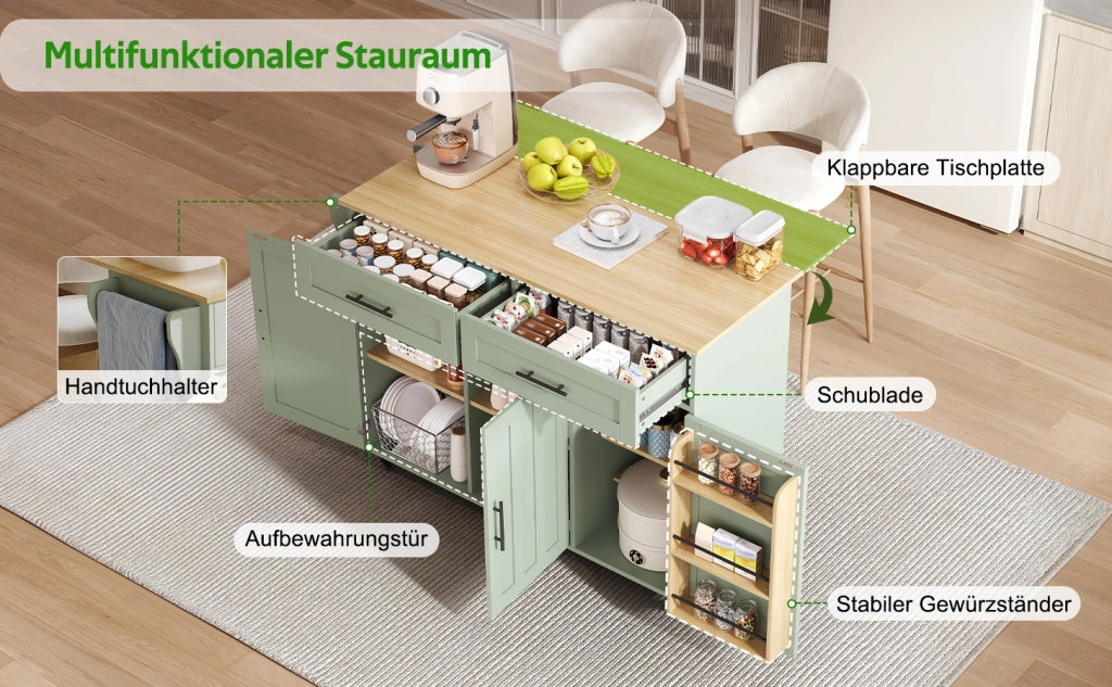 Carrello da cucina con piano ribaltabile 2 cassetti 3 vani ripiani regolabili e portasciugamani in MDF verde antico