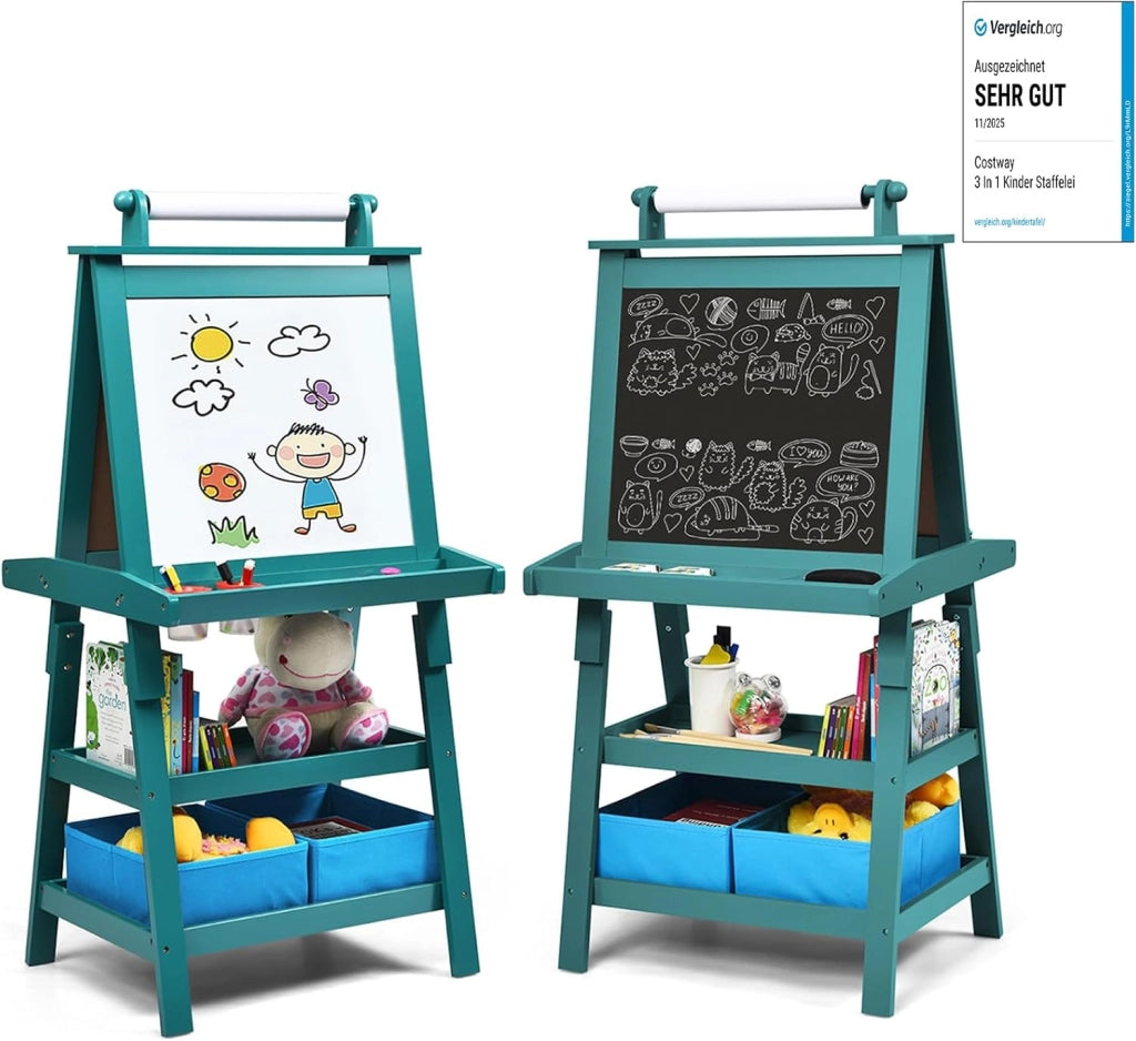 3 in 1 Cavalletto per Bambini con Doppia Faccia, Cavalletto per Disegno con 2 Vassoi e 2 Scatole, Lavagna Bambini in Legno (Blu)