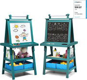 3 in 1 Cavalletto per Bambini con Doppia Faccia, Cavalletto per Disegno con 2 Vassoi e 2 Scatole, Lavagna Bambini in Legno (Blu)