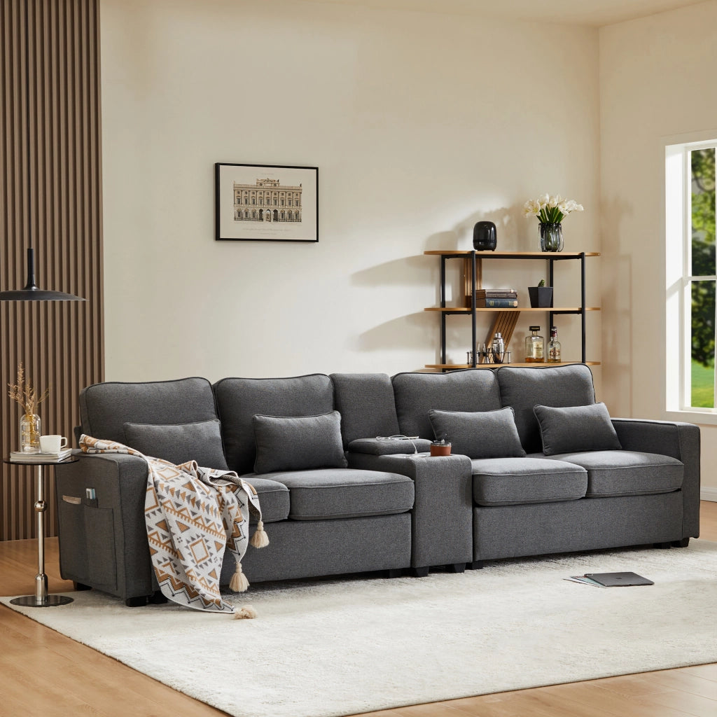 SOFA 4 posti 290x83x88 cm in lino grigio scuro con console, USB e 4 cuscini