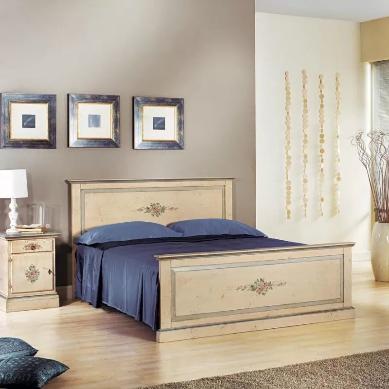 Letto  dritto matrimoniale avorio antico filo azzurro in legno (1432) - Mobili 2G