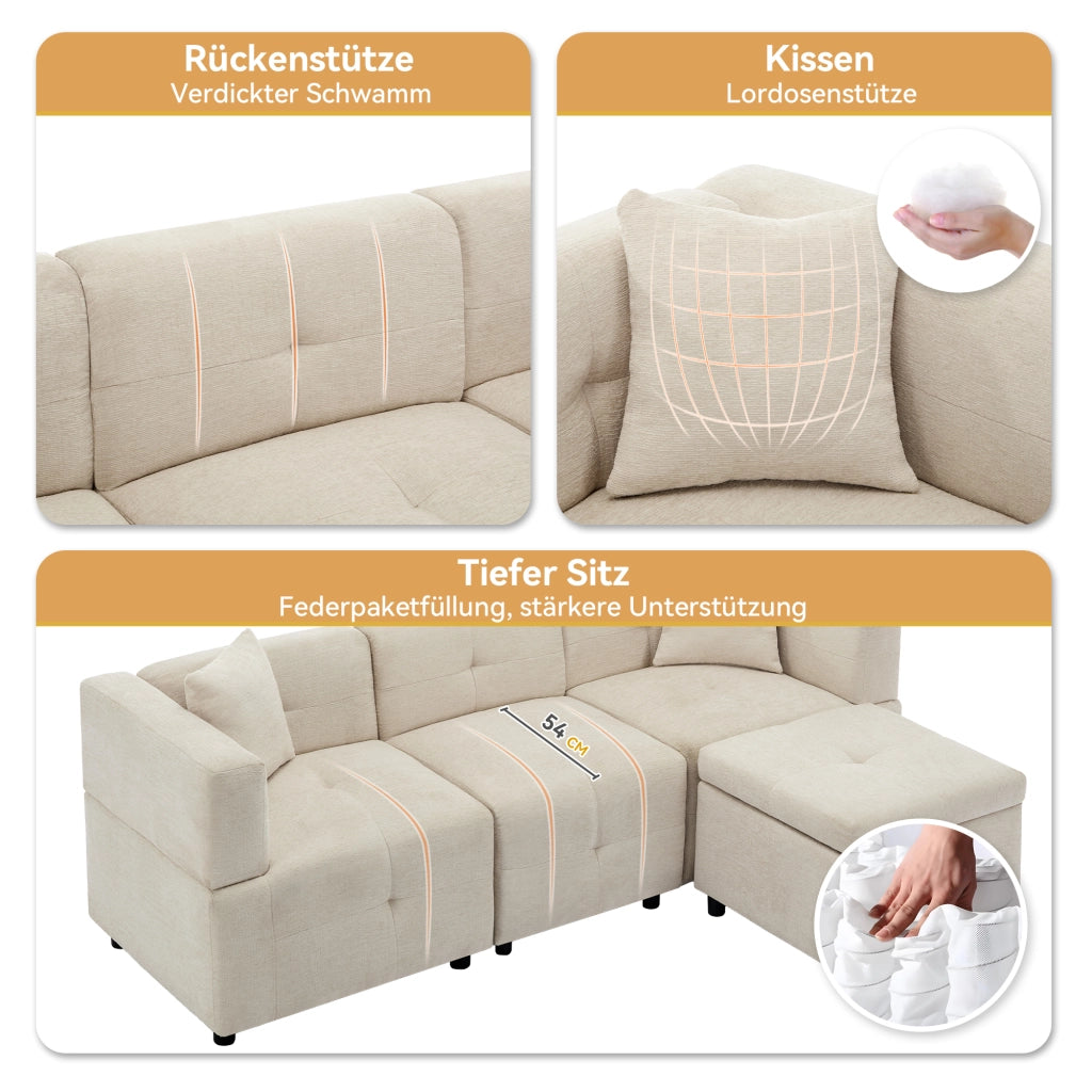Divano ad Angolo Modulare 3 Posti con Vano Contenitore e Pouf Rimovibile con 2 Cuscini Struttura Stabile in Ciniglia Beige