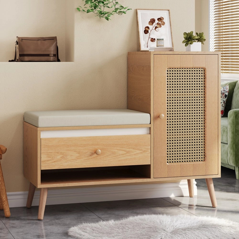 Panca Scarpiera con Cuscino, Cassetti e Ante in Rattan ¨C MINIMAL ¨C Ingresso Salvaspazio
