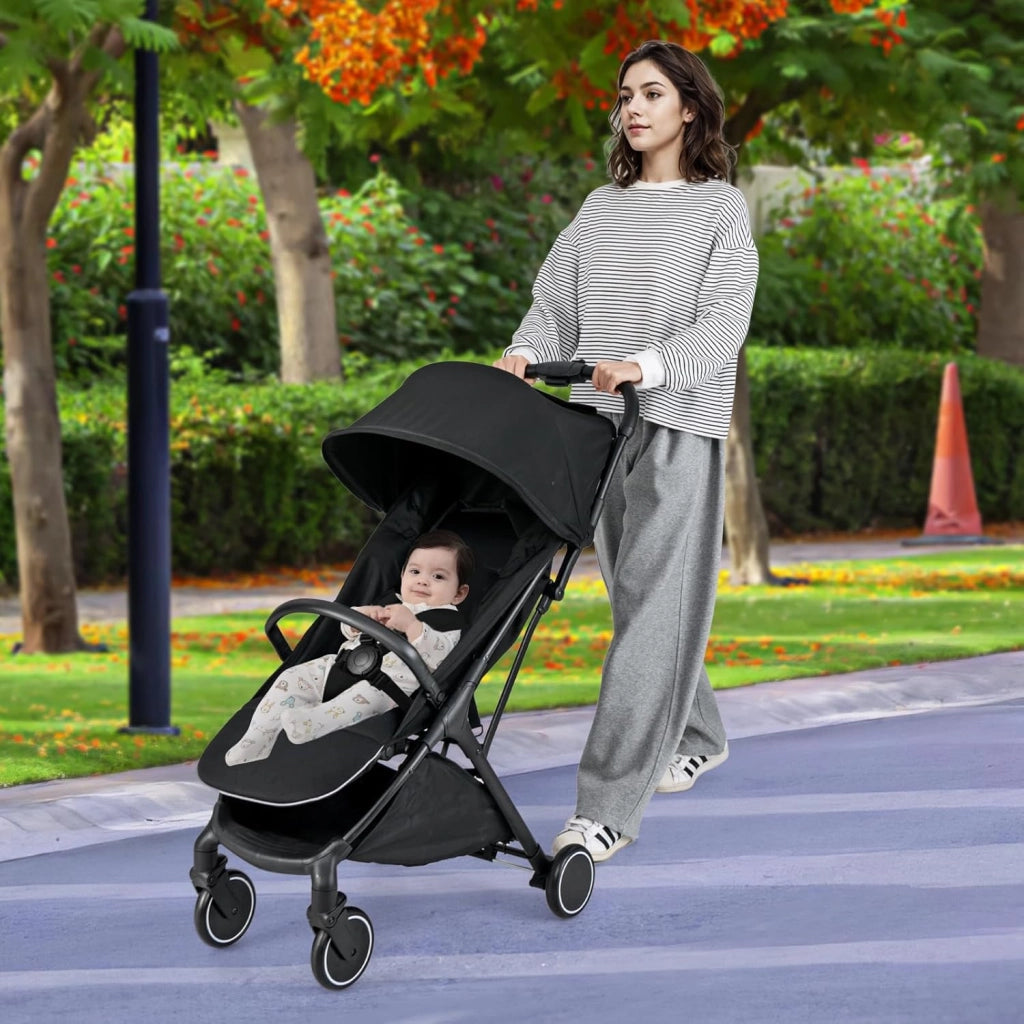 Passeggino Leggero Pieghevole per Bambini, Passeggiono Compatto con Schienale e Cappotta Regolabile, Cinture di Sicurezza a 5 Punti, Ruote con Freno, Fino a 15 kg (Nero)