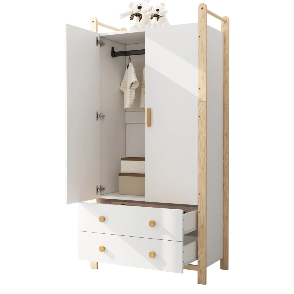 Armadio a 2 ante con barra appendiabiti e 2 cassetti, struttura salvaspazio 90x45x180 cm, bianco e naturale