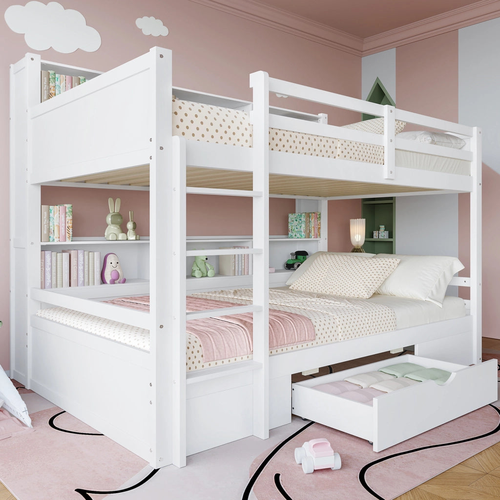 Letto a castello 90x200 cm bianco in pino con cassetto e ripiani