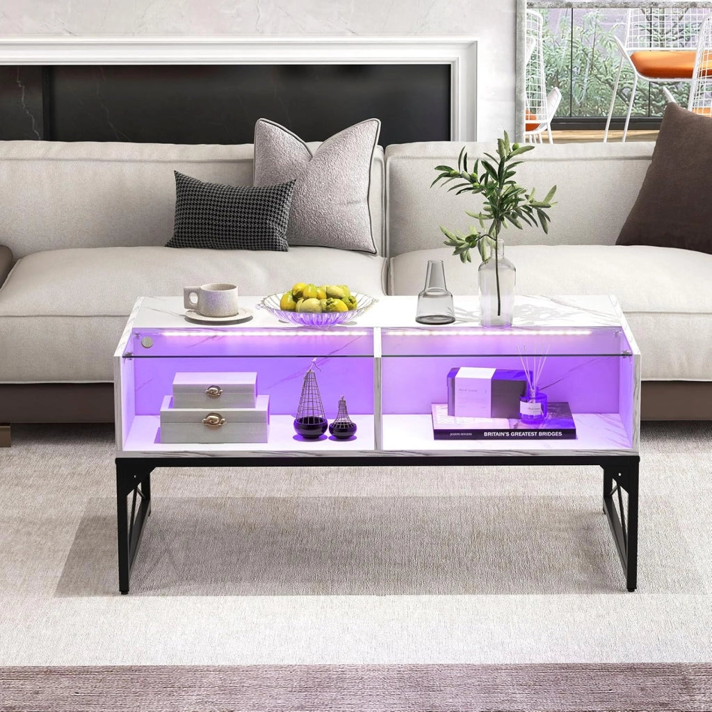 COSTWAY Tavolino da Salotto, Tavolino da Caffè da in Vetro e Legno con Luce LED Multicolore Regolabile a Telecomando e Ripiani, Tavolino per Soggiorno e Ufficio, 105 x 55 x 50 cm (Bianco)