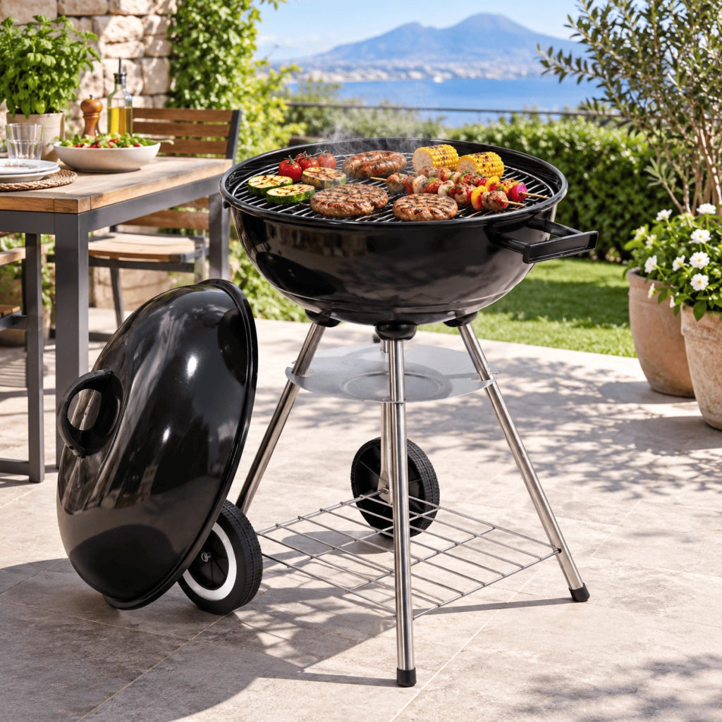 Barbecue a Carbone Tondo Con Coperchio E Piano Inferiore 51x44,5x76