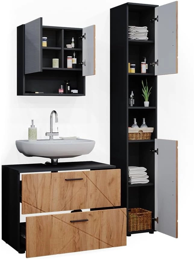 Set mobili bagno Irma, Quercia dorata/antracite, 80 cm, composto da mobile sottolavabo, specchiera e colonna alta