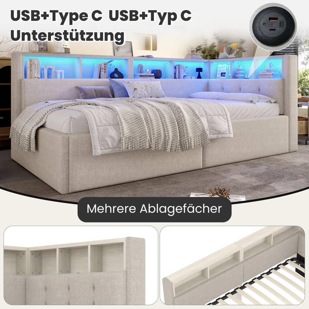 DESMIU Letto divano 90 × 200 cm 1 posto con LED regolabile, USB, Type-C e contenitore idraulico, senza materasso, beige