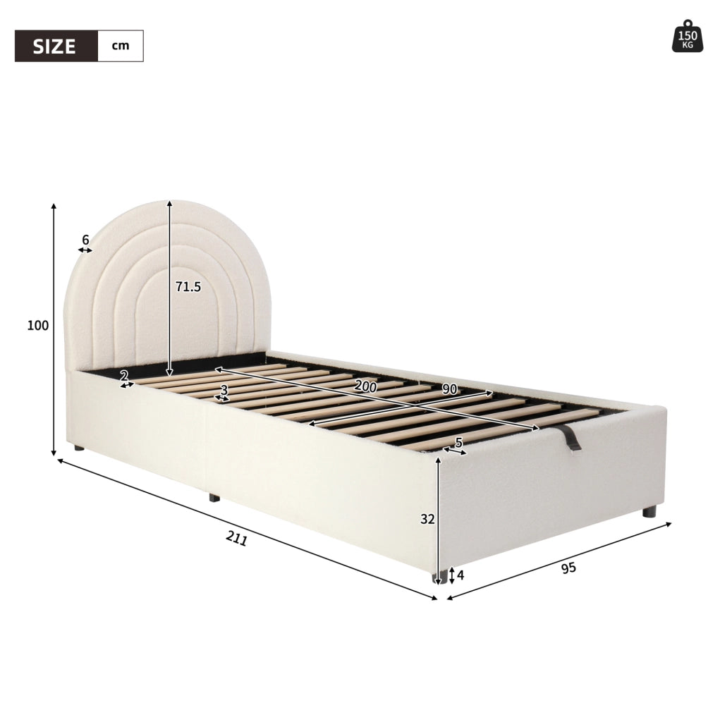 Letto imbottito 90x200 cm con contenitore idraulico; testiera imbottita; bouclé beige