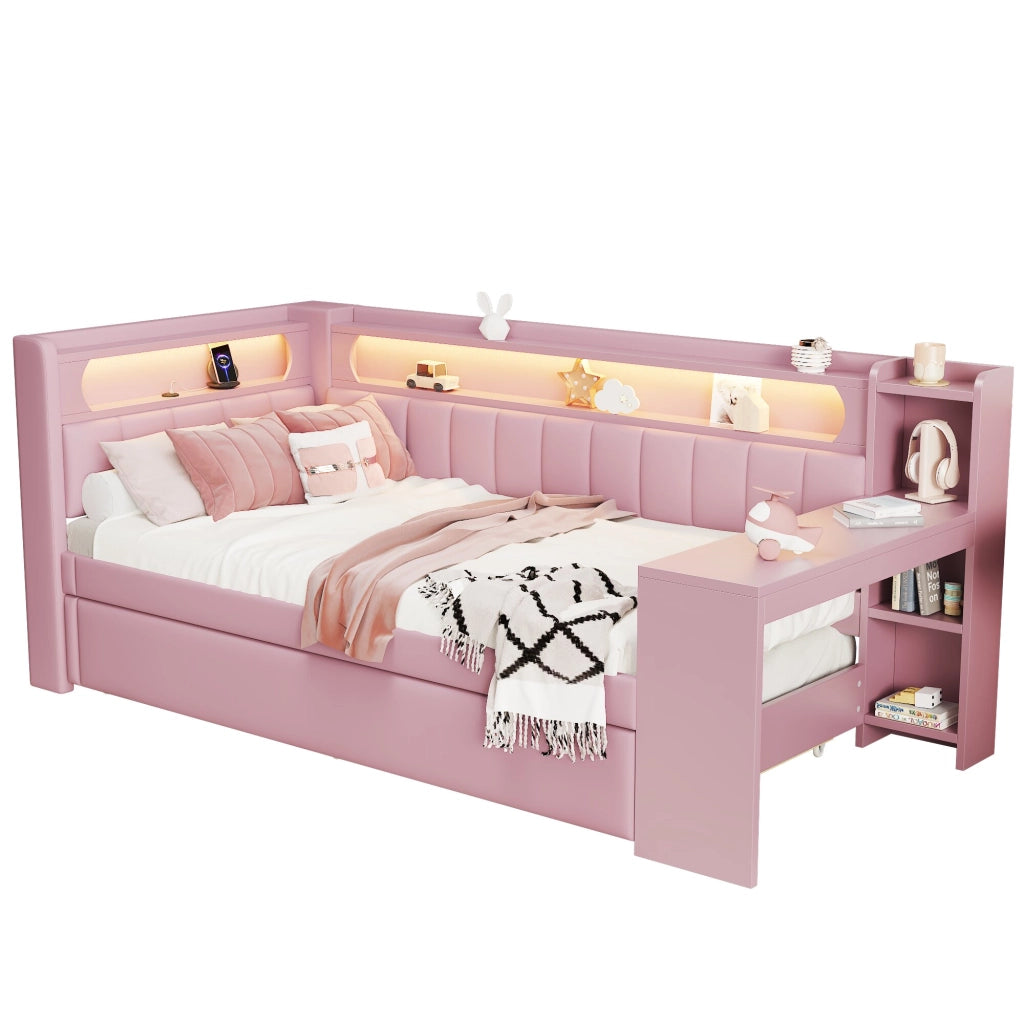 Divano letto 90×200 cm 1 piazza con letto estraibile 90×190 cm; scrivania; LED; USB; senza materasso; rosa