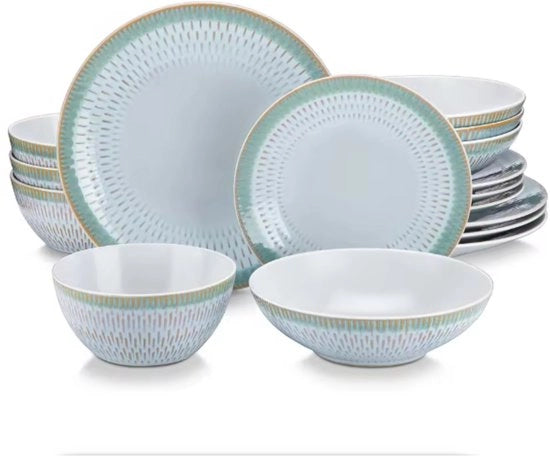 Servizio da Tavola - 16 pezzi - 4 persone - Bordo Bianco/Verde - Set di Piatti da Pranzo - Piatti Profondi - Piatti da Colazione - Servizio da Tavola - Servizio da Cucina