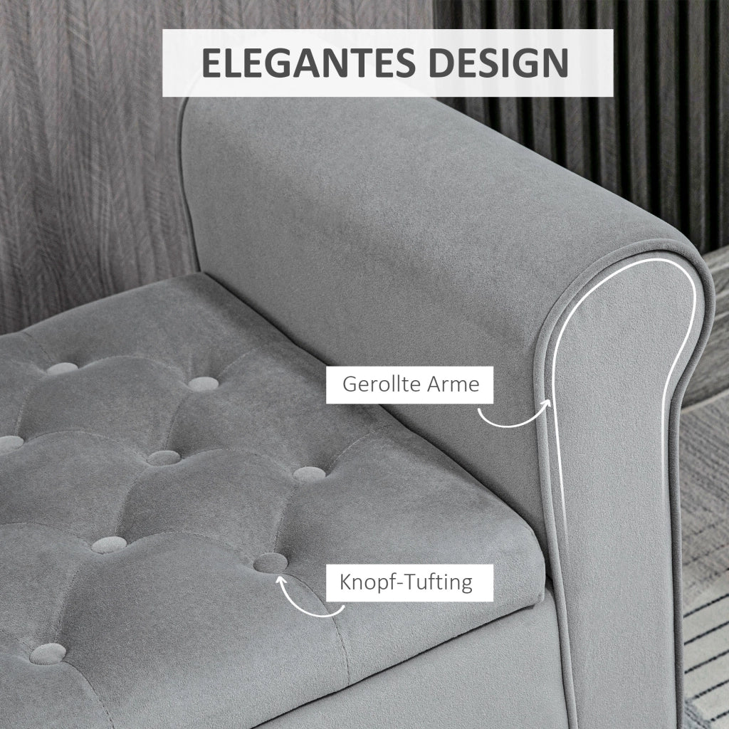 Panca contenitore con seduta imbottita in tessuto effetto velluto e dettagli trapuntati grigia 126 × 48,5 × 57 cm