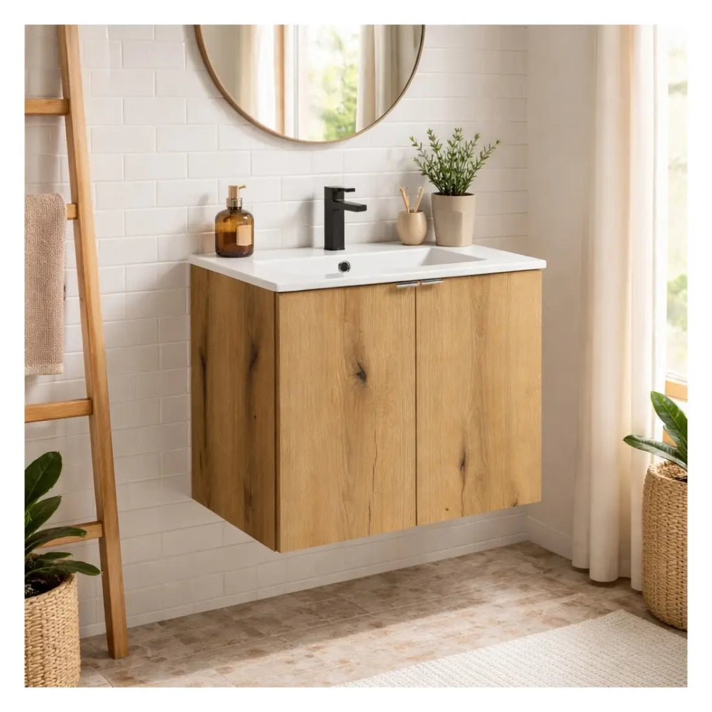 Set bagno sospeso VANO effetto rovere 60cm: mobile sottolavabo con ante + lavabo incassato