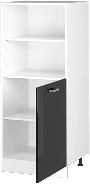 Dispensa universale R-Line, Nero lucido, 60 cm con ripiani aperti e anta, per la conservazione di utensili domestici e per la pulizia