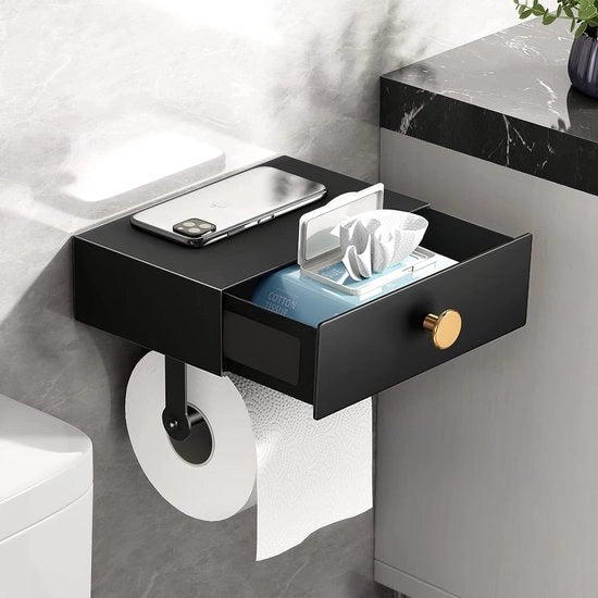 Sostituto di carta igienica con box per salviette umidificate, senza foratura, sostituto di carta igienica con ripiano, contenitore per carta igienica con storage, fissaggio al muro (nero/oro)