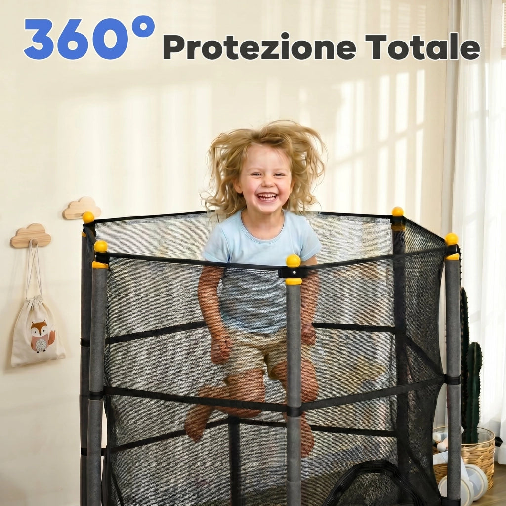 Trampolino Elastico per Bambini ?1.6x1.9 m con Rete di Sicurezza e Pali Imbottiti, Et¨¤ 3-10 Anni, Nero