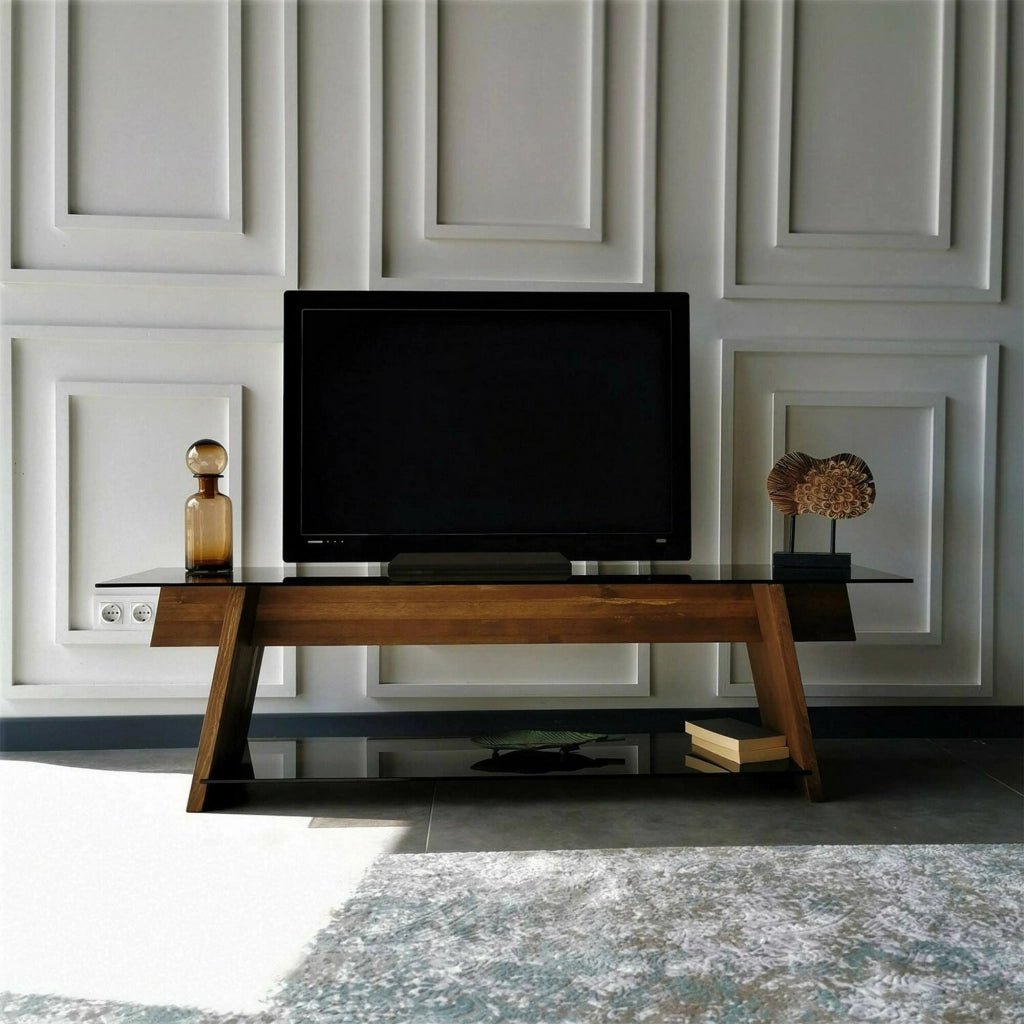 Mobile porta TV Amorosi, Credenza da soggiorno, Armadio basso per TV, Base parete attrezzata, 158x40h45 cm, Noce e Nero