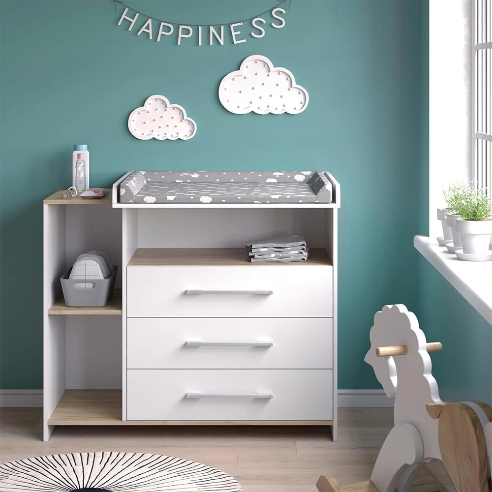 Fasciatoio Oskar, Rovere bianco/dorato, 113 x 93 cm con 3 cassetti
