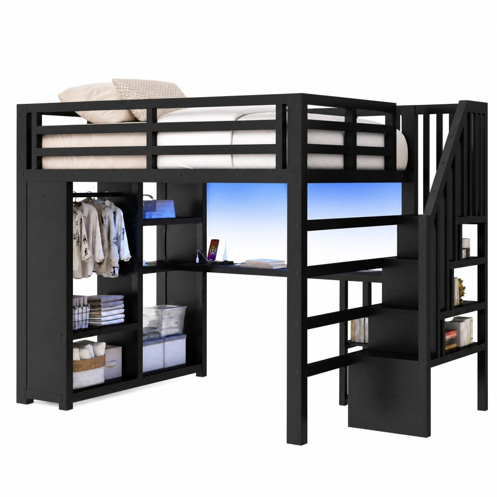 Letto a soppalco gaming 140x200 cm in metallo con LED e scrivania