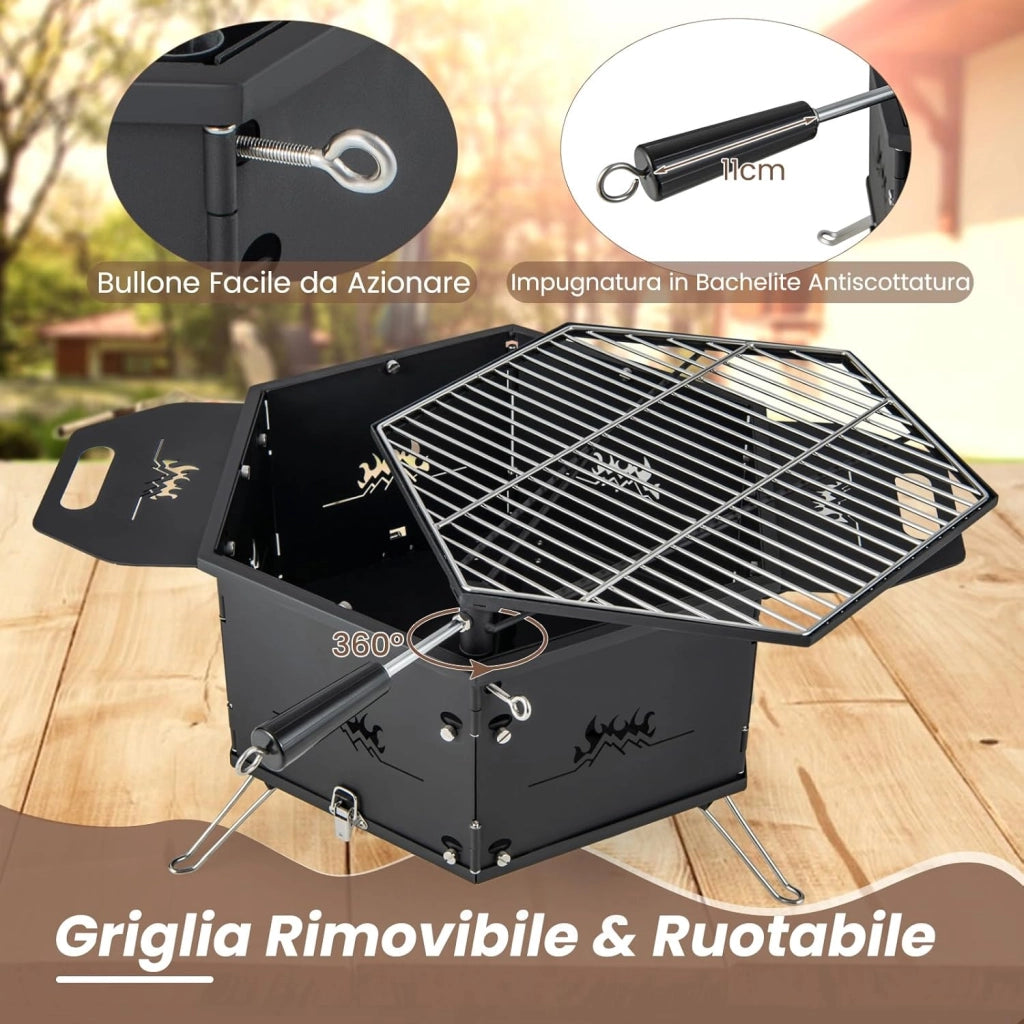 Barbecue a Carbone Portatile, Barbecue a Carbone da Esterno con Griglia Girevole a 360Â°, Corpo e Gambe Pieghevoli, per Feste, Campeggio, Escursioni