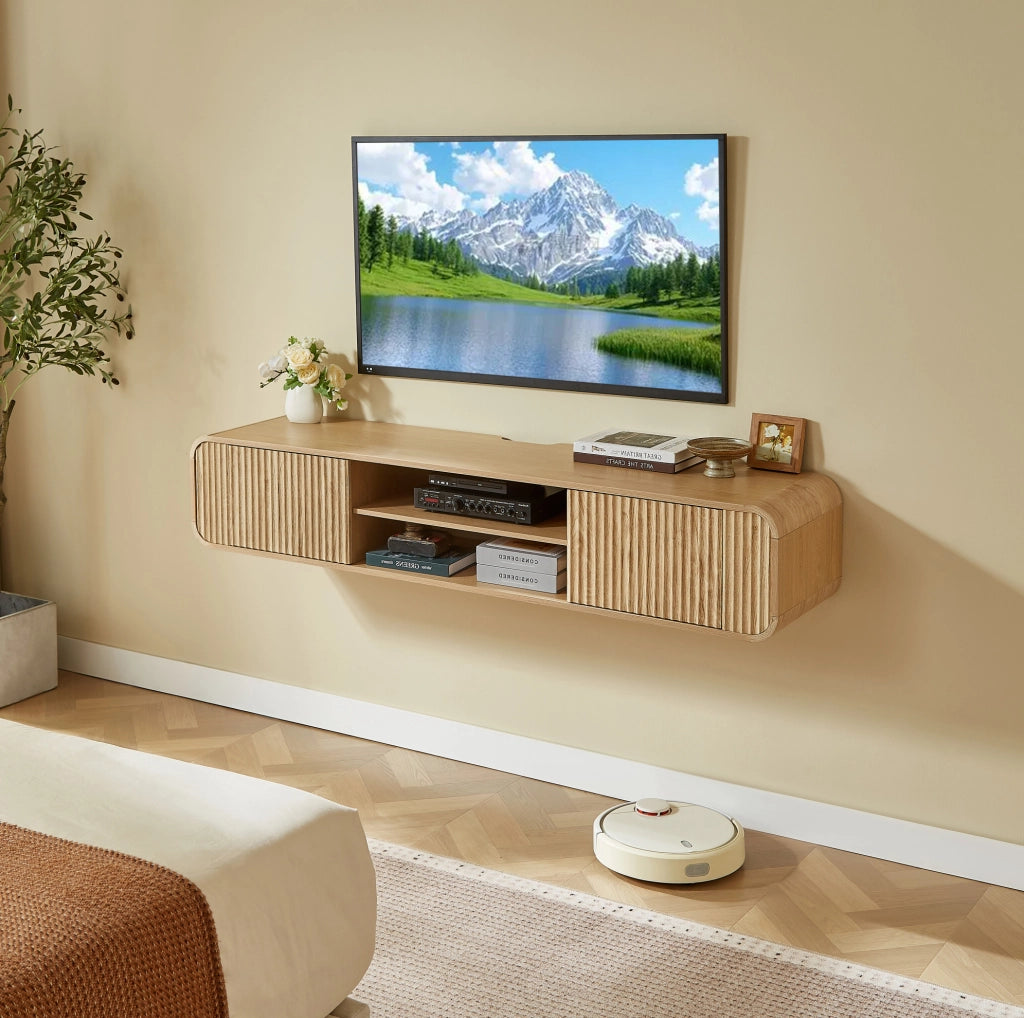Mobile TV sospeso 160 cm naturale con vani aperti e passacavi