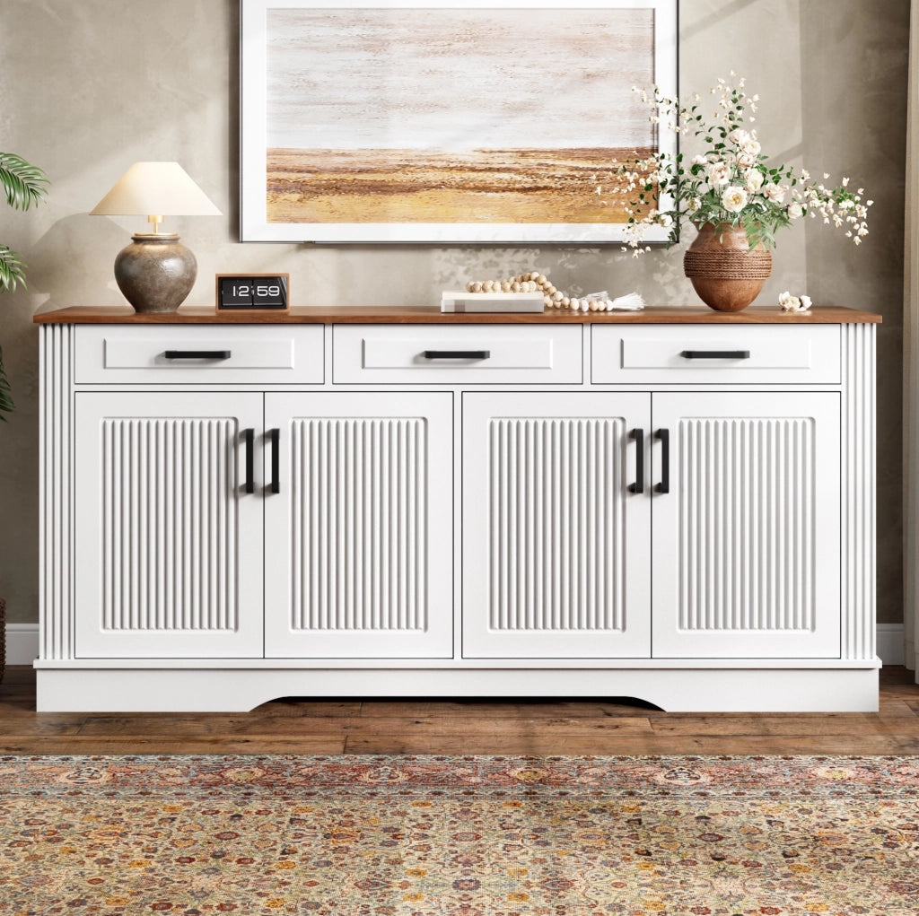 Sideboard moderno con 4 porte bugnate; 3 cassetti; 160x40x75 cm; MDF bianco
