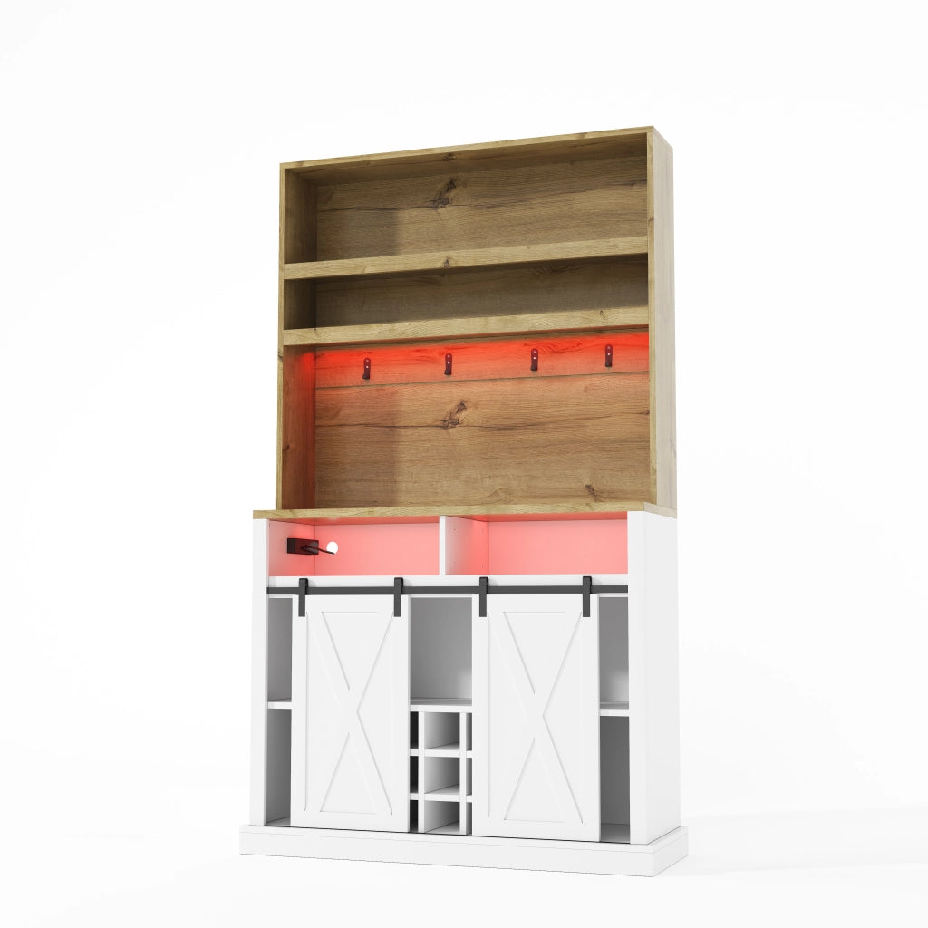 Hochschrank da cucina con LED, prese USB, ripiani aperti, ganci e vetrina 110x40x191 cm