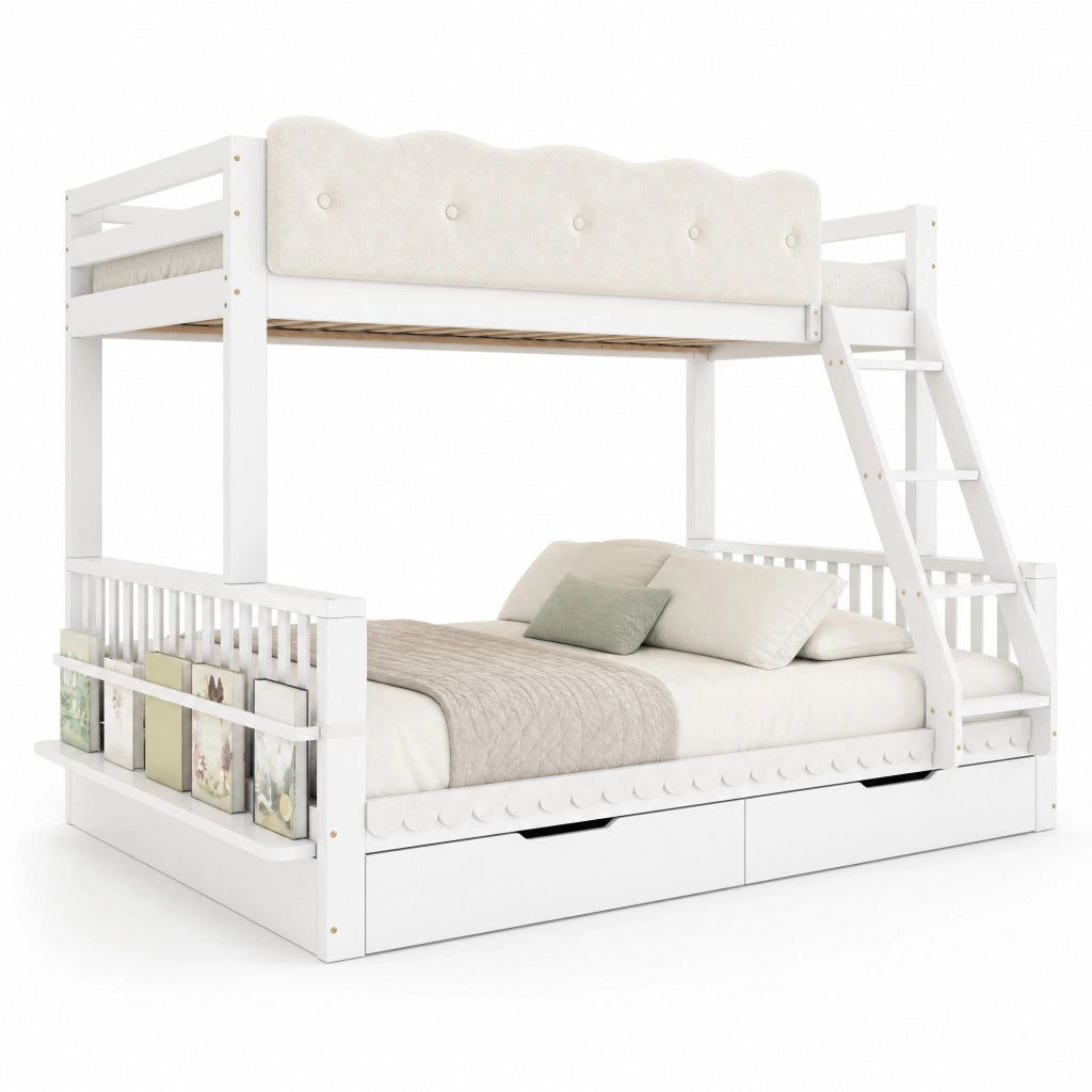 Letto a castello per bambini e adulti 90x200/140x200 cm in legno bianco con cassetti e portariviste