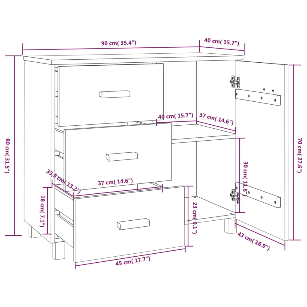 Buffet credenza cassettiera armadio mobile contenitore organizer per cucina soggiorno salotto 90 x 40 x 80 cm legno massello di pino bianco 02_0032135