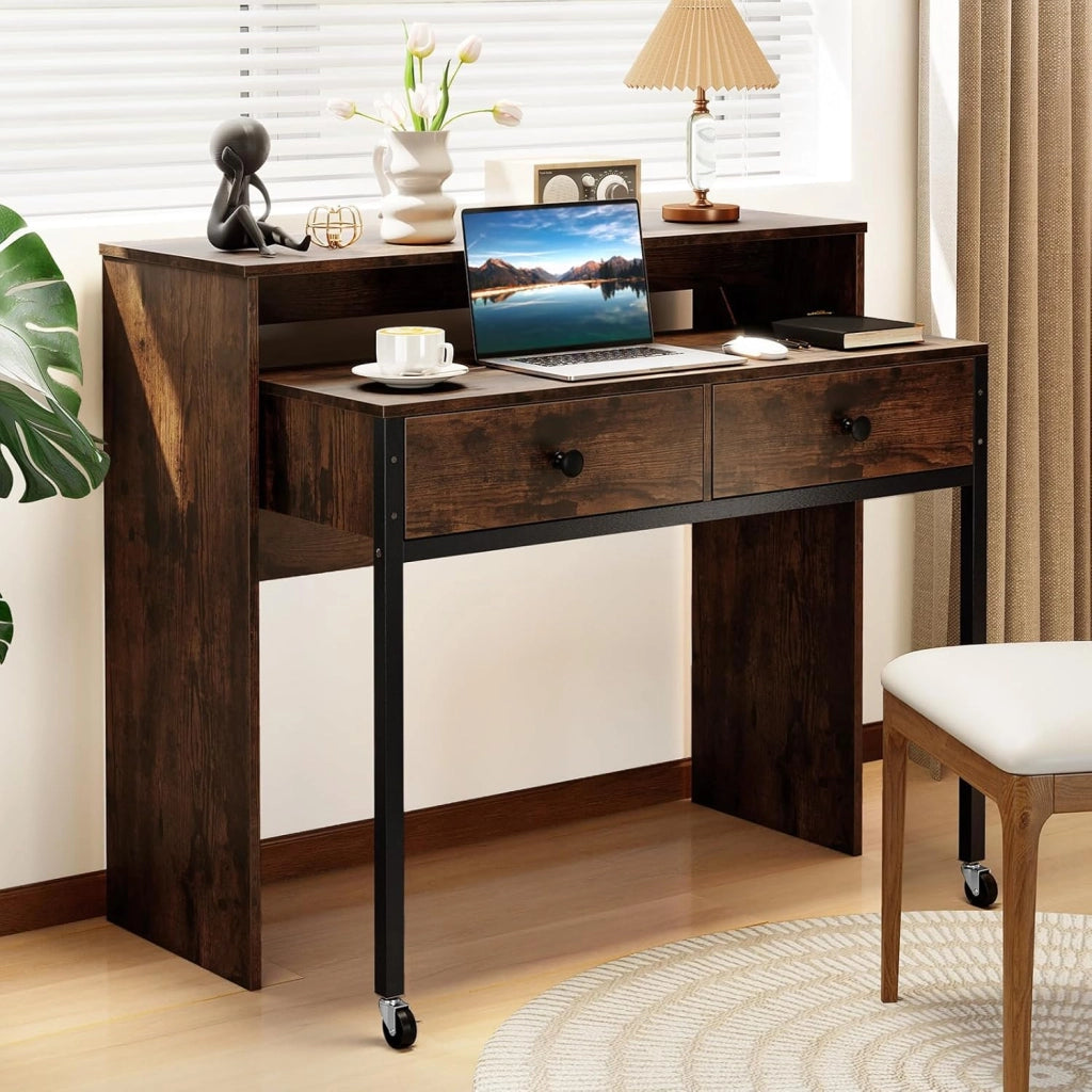 Scrivania per computer con piano estensibile, 100 x 63 x 88 cm, 2 cassetti e ripiano aperto, design compatto con ruote, tavolo da lavoro per camera da letto, ufficio (marrone)