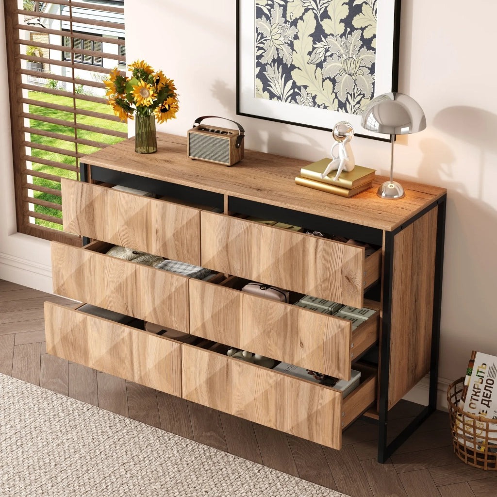 Sideboard e cassettiera, nero e legno naturale, gambe in metallo, ante rialzate