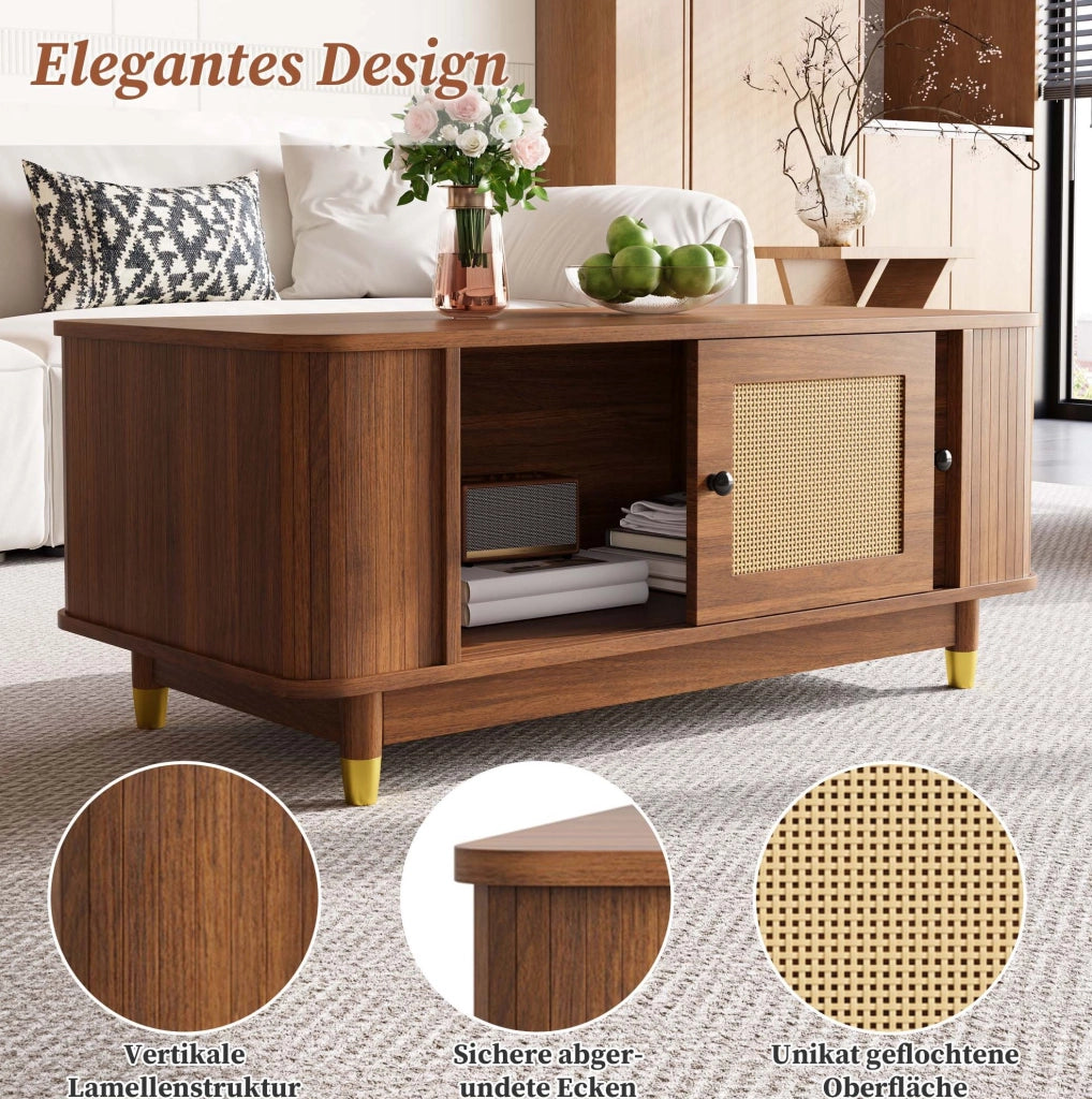 Tavolino da salotto con porte scorrevoli in rattan; vano contenitore; MDF; noce