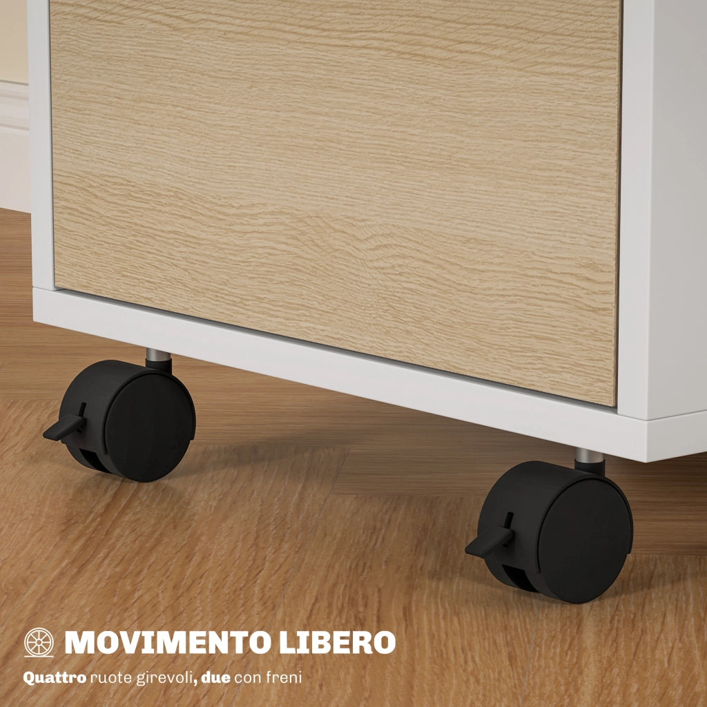 Cassettiera Ufficio con 3 Cassetti e 4 Ruote ¨C Zephmum ¨C Bianco e Rovere 60x40x70 cm