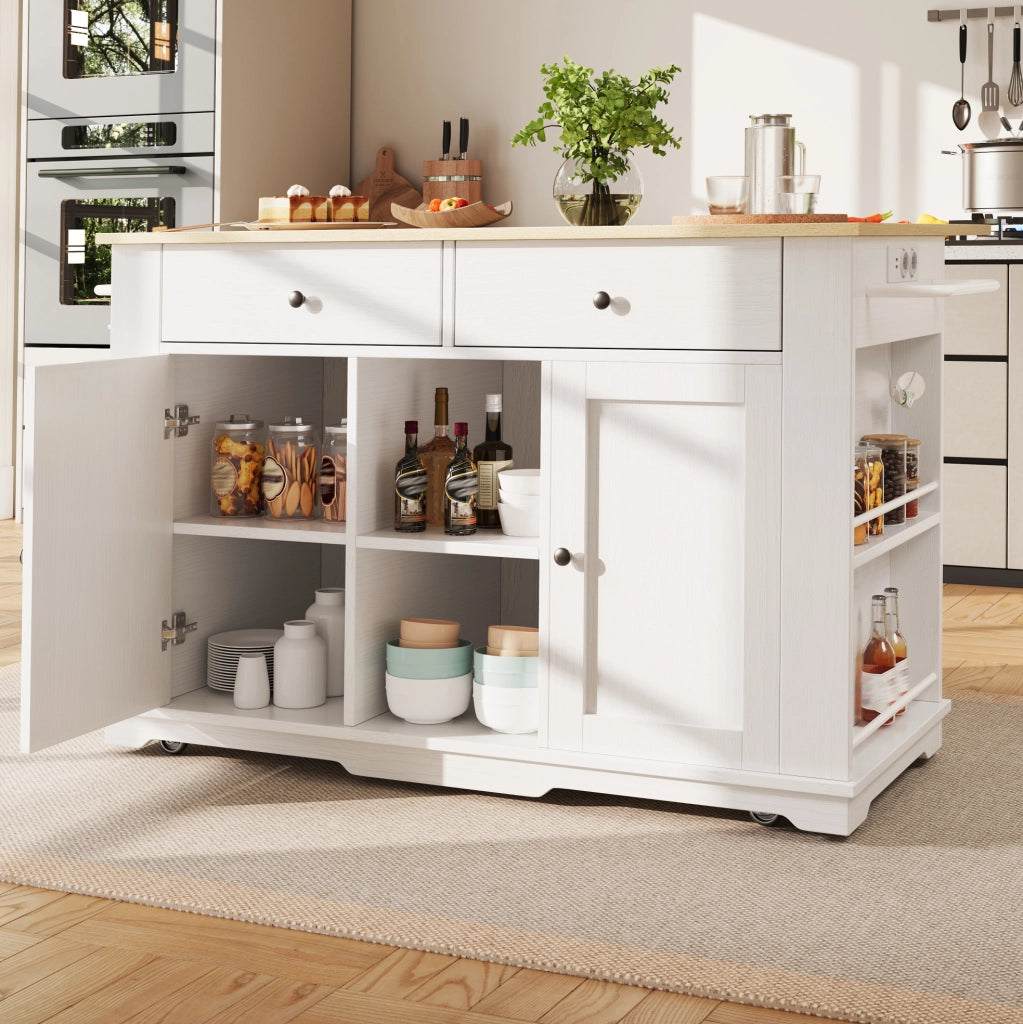Isola cucina mobile con prese, piano pieghevole e 2 cassetti